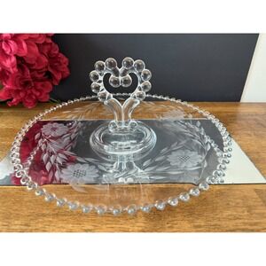 Vintage W.J. Hughes Cornflower Etched Glass Beaded Edge‎ Round Tray Heart Handle